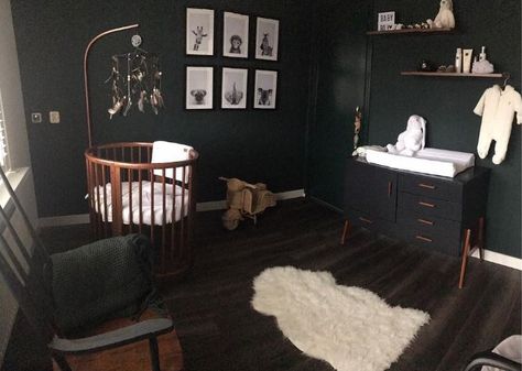 Black Nursery with Wood Accents and Stokke Sleepi Crib in Bassinet Room With Black Walls, Stokke Sleepi Crib, Gothic Nursery, Dark Nursery, Victorian Nursery, Round Cribs, Black Nursery, Gothic Baby, Baby Nursery Inspiration