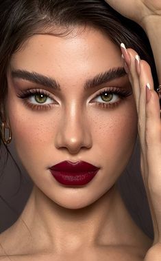 Makeup With Maroon Lipstick, Wedding Makeup With Bold Lip, Red Lip And Smokey Eye, Dark Red Lip Makeup Look Brown Eyes, Everyday Red Lipstick Makeup, Gold Eye Red Lip Makeup, Bold Lipstick Makeup Looks, Makeup With Burgundy Lips, Dark Red Lipstick Makeup Look