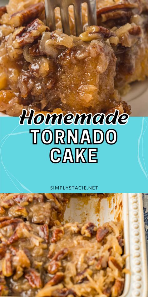 Two image collage of tornado cake. First image is the cake on a plate with a fork in it. Second image is the cake in a pan with a piece cut out. Pineapple Pecan Coconut Cake, Nutty Cake Recipes, Pineapple Nut Cake, Pineapple Summer Cake, Franklin Nut Cake Recipe, Do Nothing Tornado Cake Recipe, Do Nothing Cake Recipe, Yummy Cake Recipes Homemade, Thanksgiving Sheet Cake Ideas