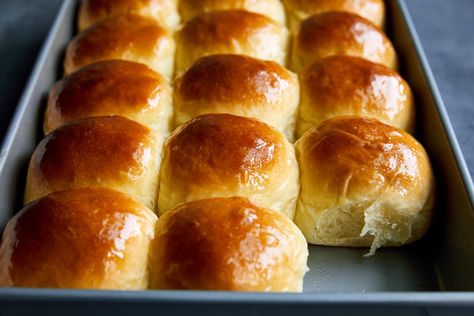 Hawaiian Buns Recipe - NYT Cooking Hawaiian Buns, Knead Bread Recipe, Nyt Cooking, Bun Recipe, Turkey Sandwiches, Bread Rolls, Dinner Rolls, Condensed Milk, Everyday Food