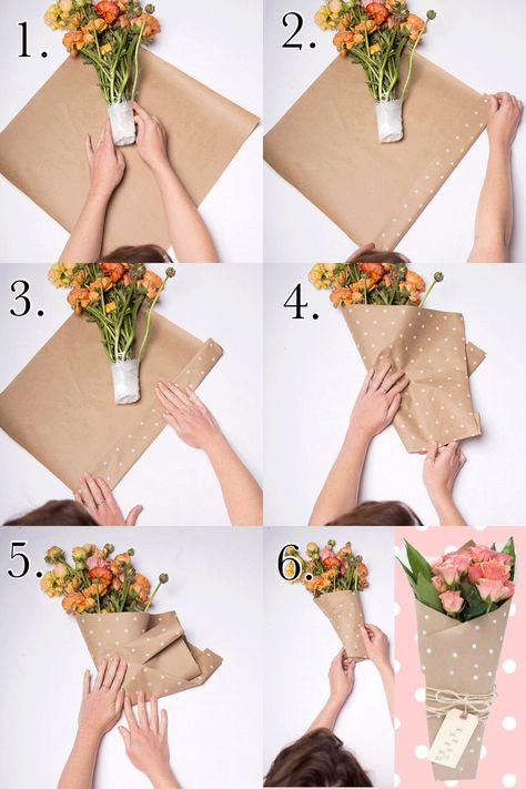 Craft Paper Wrapping, Wrap Flowers, Diy Bouquet Wrap, Flower Bouquet Diy, Seni Dan Kraf, Flower Wrapping, Paper Bouquet, How To Wrap, Paper Dress