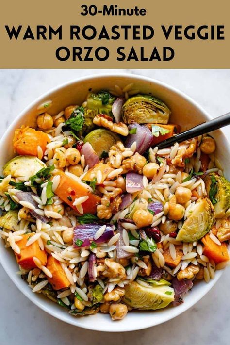 Vegan Roasted Veggie Orzo Salad is a healthy, budget-friendly meal. Roasted chickpeas add plant-based protein to this warm fall salad. Orzo And Roasted Vegetables, Roasted Veggies And Orzo, Orzo Fall Salad, Thanksgiving Orzo Salad, Veggie Orzo Recipes, Roasted Veggie Orzo Salad, Roasted Veggie Orzo, Veggie Orzo Salad, Vegetarian Orzo