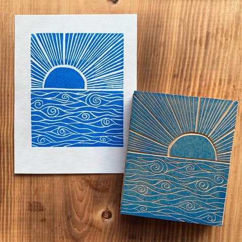 A little sunset print. Working on my swirly water carving 🌊 #linocut #linoprint #linoprinting #blockprinting #blockprinter #printmaking… | Instagram Lino Printing Design, Blockprint Ideas, Lino Art Ideas, Linoleum Print Ideas, Lino Print Ideas, Lino Print Pattern, Print Making Designs, Linoleum Printmaking, Eraser Stamp