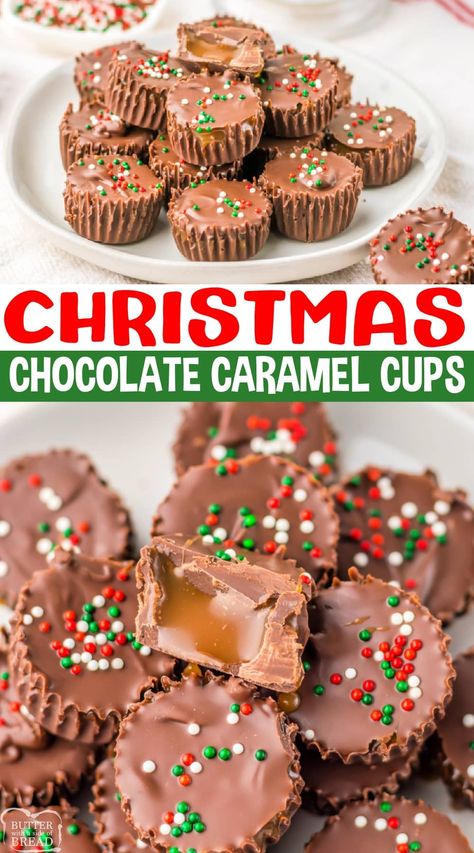 Christmas Peanut Butter Cups, Christmas Dessert Gift Box Ideas, Chocolate Caramel Candy, Chocolate Christmas Candy, Chocolate Covered Caramels, Christmas Chocolate Gifts, Caramel Cups, Easy Christmas Candy, Yummy Candy