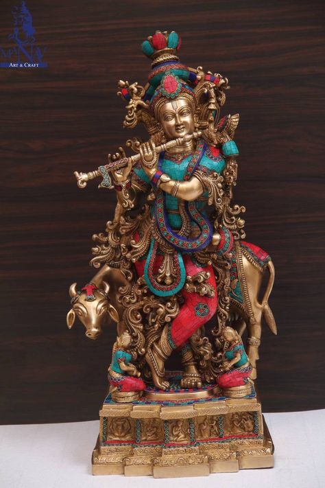 Lord Krishna Brass Idol, Krishna Statue Beautiful, Decor Corner, Marriage Anniversary Gifts, Playing Flute, Krishna Krishna, Temple Decor, Krishna Statue, Buddha Figurine