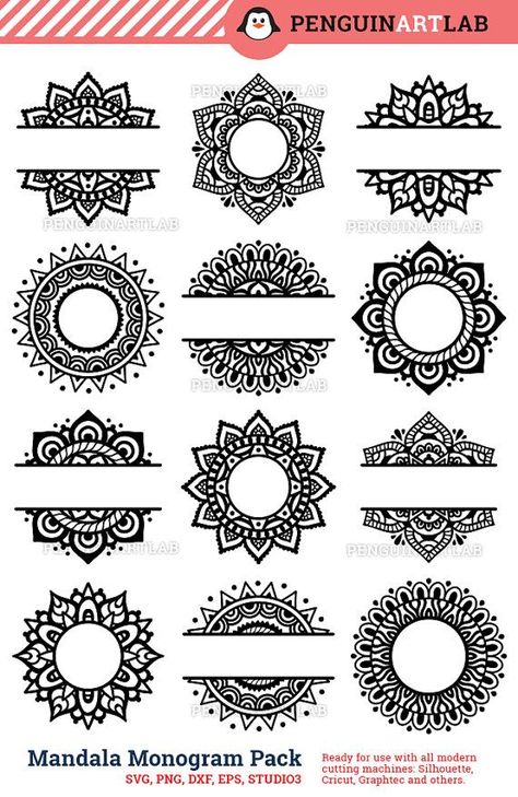 Split Mandala, Hantverk Diy, Mandala Design Pattern, Mandala Art Lesson, Mandala Design Art, Silhouette Cameo Projects, Stenciling, Mandala Tattoo, Monogram Svg