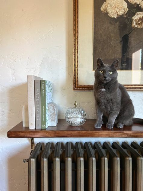 Above Radiator Ideas, Wood Radiator Covers, Diy Radiator Shelf, Hide Wifi Router Home Decor, Shelf Over Radiator, Radiator Cover Diy, Radiator Cover Ideas, Diy Radiator Cover, 1930s Home