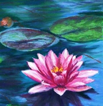 Oil Pastel Lily Pads, Lotus Flower Oil Pastel, Portfolio Painting Ideas, Paintings Of Water Lilies, Waterlily Painting Acrylic, Water Lily Oil Pastel, Water Lily Acrylic Painting, Water Lily Painting Acrylic Easy, Lotus Oil Pastel