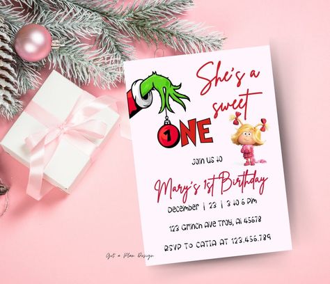 First Birthday Party, She's Turning One, Grinch Invitation, Girl Grinch, Christmas Birthday Party, She's a Sweet One Invite, Mean One Invite - Etsy 1st Birthday At Christmas Time, She’s A Sweet One Grinch Birthday, First Birthday Themes Christmas, First Birthday Themes December, The One Who Stole Christmas Birthday, Christmas Baby Birthday Ideas, Shes A Mean One Grinch Birthday, 1st Birthday Christmas Theme Girl, Grinch First Birthday Party Girl