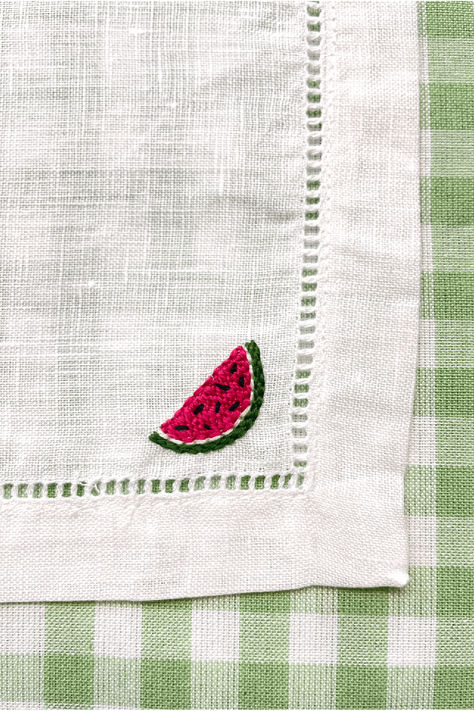 Hand embroidered watermelon motif on corner of linen cocktail napkin in front of a green and white checkered background Dog Watermelon, Watermelon Embroidery, Summer Foods, Linen Cocktail Napkins, Cocktail Napkins, Cheeseburger, Hostess Gifts, Summer Recipes, Hot Dogs