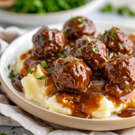 Meatballs and Gravy - Krystel's Cooking Meatballs In Brown Gravy Recipes, Homemade Meatballs And Gravy, Meatballs And Gravy Recipe, Easy Homemade Meatballs, Homemade Meatballs Easy, Classic Savory, Porcupine Meatballs, Savory Meatballs, Meatballs And Gravy