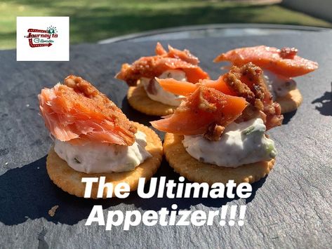 For you salmon lovers, this may be the best appetizer you can serve. The sweetness of the maple candied bacon smoked salmon paired with the creaminess and kick of the jalapeno cheese and topped off with the crunch of a cracker for the ultimate bite. I know there is a lot to prepare to get to the final product but all I can say is, it’s worth it!
.
That said, if you are looking for that ultimate bite, I suggest using the Maple Candied Bacon Glazed Smoked Salmon.  It’s out of this world! Candied Salmon Appetizer, Maple Candied Bacon, Jalapeno Cream Cheese, Smoked Salmon Appetizer, Maple Salmon, Salmon Appetizer, French Dinner, Best Appetizer, Maple Candy