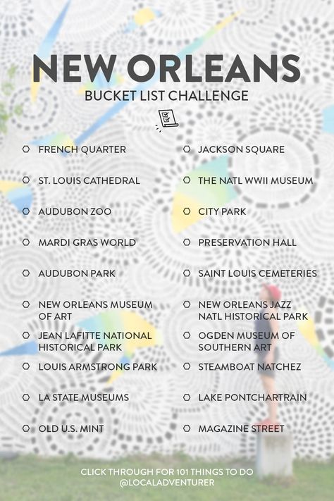 New Orleans Bucket List Checklist Bucket List New Orleans, Louisiana Bucket List, 50 States Travel Checklist, New Orleans Bucket List, New Orleans Things To Do In, New Orleans Travel Guide, New Orleans Vacation, Louisiana Travel, Usa Bucket List