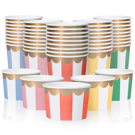 PRICES MAY VARY. Bulk Paper Treat Cups: Includes 50 red, green, yellow, blue, and pink striped scalloped gold foil paper ice cream cups designed for ice cream shops, concession stands, caterers, and restaurants. Suitable for serving large events, kids' birthday parties, baby showers, and gatherings. Leak-Resistant & Biodegradable: Each cup is made of sturdy paperboard with a biodegradable PLA-coated interior for superb leak resistance. Plus, it is also conveniently made for single use and can be Ice Cream Cups Design, Corn In A Cup, Paper Ice Cream, Scream 4, Sundae Cup, Ice Cream Cups, Ice Cream Theme, Gold Foil Paper, Cold Treats