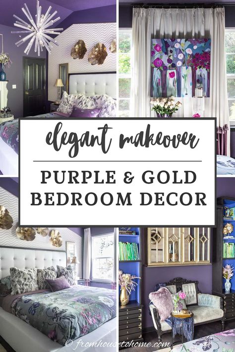 elegant makeover: purple and gold bedroom decor Purple Bedroom Ideas For Couples, Dark Purple Bedroom Walls, Bedroom Dark Purple, Bookcase In Bedroom, Decorating Ceiling, Dark Purple Bedroom, Purple Bedroom Walls, Purple And Gold Bedroom, Black Bedrooms