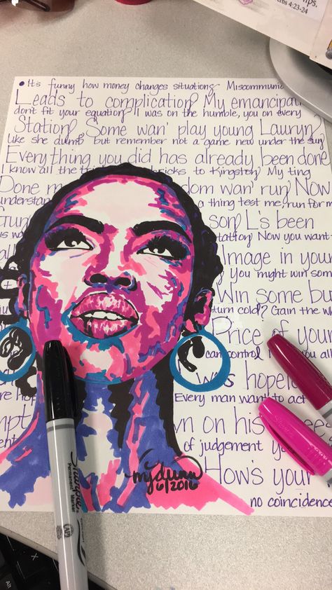 Lauryn Hill. Marker work. #flyymovements #hiphopart #bedope Lauren Hill Drawing, Lauryn Hill Drawing, Lasagna Drawing, Lauryn Hill Painting, Lauryn Hill Outfits, Lauryn Hill Art, Easy Graffiti Drawings, Gcse Art Sketchbook, Canvas Art Projects