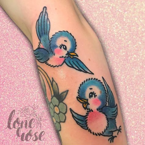 American Traditional Quote Tattoo, Vintage Kitsch Tattoo, Pastel American Traditional Tattoo, Blue Birds Tattoo, Kitschy Tattoo, Fat Bird Tattoo, Kitsch Tattoo, Cute American Traditional Tattoo, Vintage Bird Tattoo