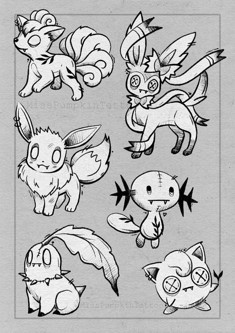 #Pokémon #Tattoo #Tattooideas #Pokémontattoo #Halloweentattoo #smalltattoo #cutetattoo #halloweenvibes #spookytattoo #eevee #eeveetattoo #evoli #evolitattoo Creepy Cute Flash Tattoo, Cute Eevee Tattoo, Creepy Pokemon Tattoo, Stipple Tattoo Flash, Ghost Type Pokemon Tattoo, Pokémon Flash Tattoo, Pokemon Halloween Tattoo, Pokemon Card Tattoo, Video Game Flash Tattoo