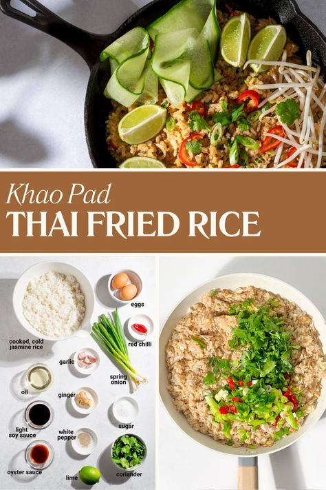 Khao pad in a black frying pan with cucumber ribbons and lime wedges. Thai Rice Recipes, Khao Pad, Thai Recipes Authentic, Fried Rice Dishes, Thai Fried Rice, Fried Rice With Egg, Authentic Asian Recipes, Laos Food, Pad Thai Recipe