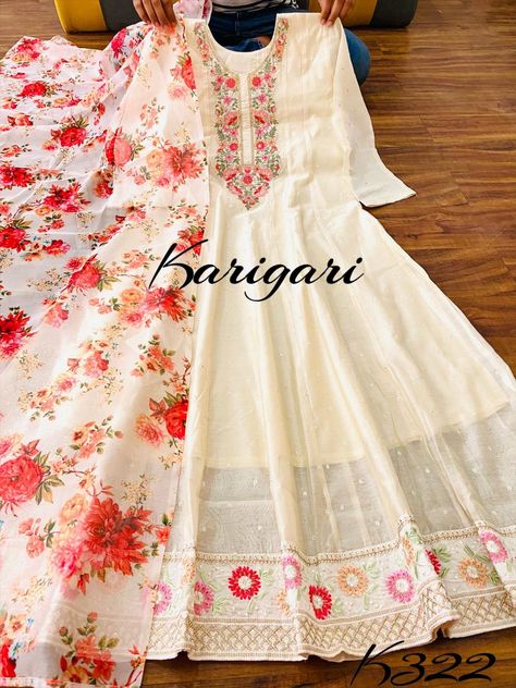 Pure Organza Gown With Floral Print Dupatta | ₹ 1899 | FREE Shipping | watsapp 9004688543 Badla Work, Kurti Top, Dhokla Recipe, Organza Gown, Sms Language, Embroidery Suit, Organza Gowns, Party Wear Dress, Cotton Gowns