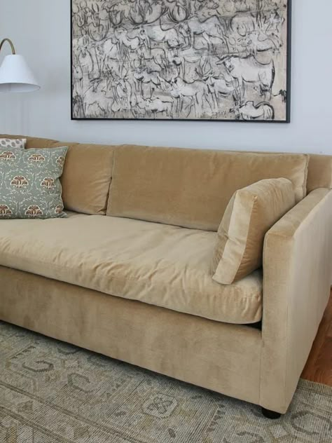 Cream Velvet Couch Living Room, Velvet Cream Sofa, Distressed Velvet Couch, Beige Velvet Sofa Living Room Ideas, West Elm Decor Inspiration, Living Room With Velvet Sofa, Pale Gold Sofa, Neutral Couch Living Room Cozy, West Elm Marin Sofa