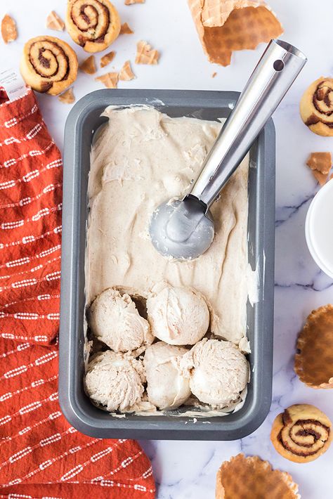 cinnamon ice cream in a rectangle silver bin Cinnamon Roll Ice Cream, Cinnamon Ice Cream Recipe, Cream Popsicle Recipes, Homemade Popsicle Recipes, 2 Ingredient Ice Cream, Chocolate Cinnamon Rolls, Blueberry Lemon Scones, Fun Ice Cream, Cinnamon Ice Cream