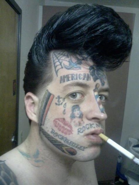 Rock on!... It's Bad TaToos Day! check'em out...its like a montage on his face. Bad Face Tattoos, Bad Family Photos, Tattoos Gone Wrong, Tattoos About Mom, Mother And Son Tattoo, Horrible Tattoos, Tattoos For Moms With Kids, Worst Tattoos, Tattoos Dragon