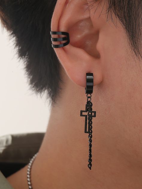 Black Funky Collar  Stainless Steel   Embellished   Men's Fashion Jewelry Ear Cuffs Men, Piercings On Men, Men's Piercings Ears, Male Earrings, Mens Piercings, Black Earrings Men, Men's Piercings, Double Ear Piercings, Men's Earrings