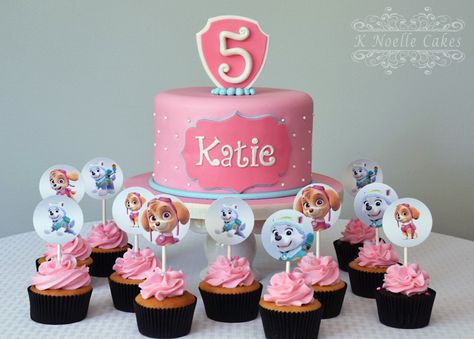 Paw Patrol girls theme cake by K Noelle Cakes Sky Birthday Party Paw Patrol Cake, Paw Patrol Cake For A Girl, 3rd Birthday Paw Patrol Girl, Cupcakes Paw Patrol, Pink Skye Paw Patrol Cake, Paw Patrol Torte, Sky Paw Patrol Party 3rd Birthdqy, Paw Patrol Skye Birthday, Skye Birthday Party