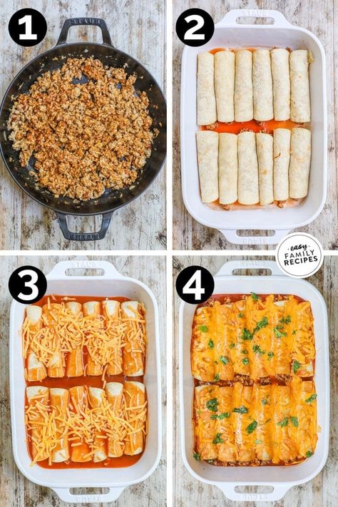 These Ground Turkey Enchiladas are both delicious and easy to make, making them perfect for a family-friendly weeknight meal. This recipe features all the classic flavors of beef enchiladas but with the added bonus of being made with seasoned ground turkey for a lighter twist. This turkey enchiladas recipe is perfect for any occasion - from feeding a crowd to a quick, easy weeknight dinner. Save some for later and make a double batch to freeze for a convenient, ready-to-bake dinner option. Turkey Enchilada Casserole, Seasoned Ground Turkey, Ground Turkey Enchiladas, Bake Dinner, Asian Steak Bites, Quick Family Dinners, Turkey Enchiladas, Turkey Meat Recipes, Viral Recipes