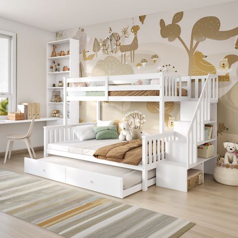 Home Decor Modern Childern Bedroom Ideas Twin Kids Bedroom, Bunk With Trundle, Bunk Bed Rooms Decor, Interior Designing Ideas, Triple Bunks, Twin Girl Bedrooms, Kids Bedroom Furniture Design, Triple Bunk Beds, Kids Shared Bedroom