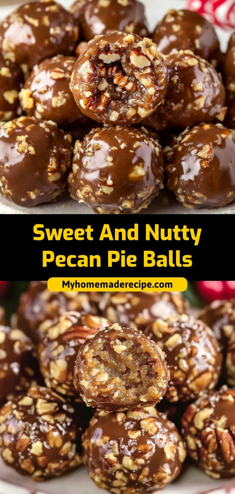 These pecan pie balls are bite-sized, sweet, and filled with nutty goodness. Perfect for a quick dessert or holiday treat!

Ingredients:

1 cup pecans, chopped
½ cup graham cracker crumbs
¼ cup maple syrup
1 tbsp melted butter
Enjoy these pecan pie balls for a simple, no-bake treat Pecan Pie Bourbon Balls, Chocolate Pecan Balls, Holiday Heaven Bites, Nutty Dessert Recipes, Pecan Pie Brownie Bites, Giving Plate Ideas Treats, Pecan Candy Recipe 4 Ingredients, Pecan Pie Cheeseball, Pecan Pie Filling Recipe Easy