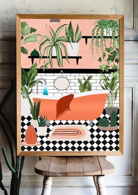 Peach Bathroom Printables Peach Bathroom Decor Peach Print - Etsy Black And White Stairs, Peach Bathroom, Stair Art, Blue Bathroom Decor, Sustainable Art, Bathroom Prints, Green Interiors, Green Bathroom, Plant Print