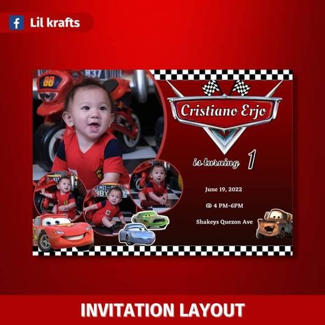 Message us on fb page @lil krafts ᴗ̈ Mcqueen Invitation Template, Invitation Layout, Cars Birthday Invitations, Queen Birthday, Invitation Background, Car Themes, Party Invitations Printable, Printable Party, Photo Invitations