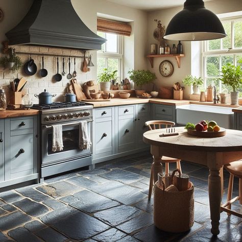 Kitchen Flooring Ideas Kitchens With Black Slate Floors, Black Stone Floor Kitchen, Blue Slate Tile Kitchen Floor, Unique Kitchen Floors, Black Tile Floor Kitchen, Dark Stone Flooring, Slate Tile Floor Kitchen, Kitchen Slate Floor, Stone Floor Kitchen