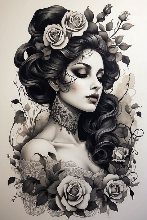 Naked Lady Plant Tattoo, Victorian Lady Tattoo, Dark Woman Tattoo, Woman Portrait Tattoo Design, Tattoo Designs Dark, Tattoo Designs Realistic, Lady Head Tattoo, Tattoo Designs Women, Pinup Portrait