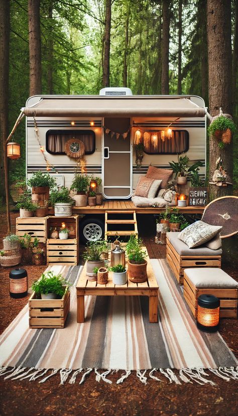 Must-See 17+ RV Campsite Decorating Ideas for Stylish Campers 🎨✨ Camper Rental Ideas, Cute Rv Interior, Rv Patio Decorating Ideas, Camper Exterior Decorating Ideas, Rv Outside Decorating Ideas, Rv Campsite Decorating Ideas, Boho Trailer, Campsite Decorating Ideas, Living In A Camper