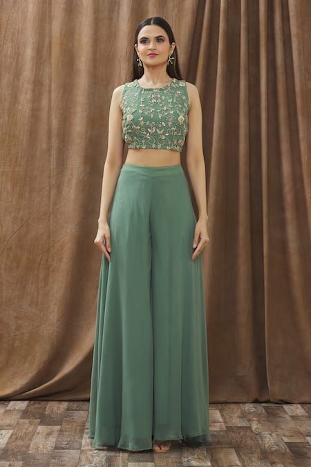 Buy Green Georgette Embroidery Thread Round Crop Top And Palazzo Set For Women by Gaurav Katta Online at Aza Fashions. Plazzo Sets Indian Wedding, Plazzo With Top Outfit Traditional, Crop Top Palazzo Indian, Party Wear Palazzo With Crop Top, Traditional Palazzo And Crop Top, Green Plazo Outfit, Palazzo Skirt Outfit, Plazzo Set Designs, Traditional Plazo And Crop Top