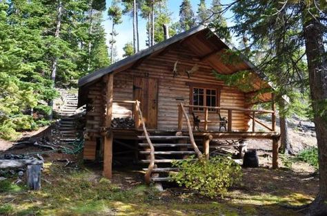 Hand-built log cabin Wilderness Cabins, A Cabin In The Woods, Log Cabin Ideas, Small Log Cabin, Forest Cottage, Cozy Cabins, Tiny Cabins, Country Cabin, Cottage Cabin