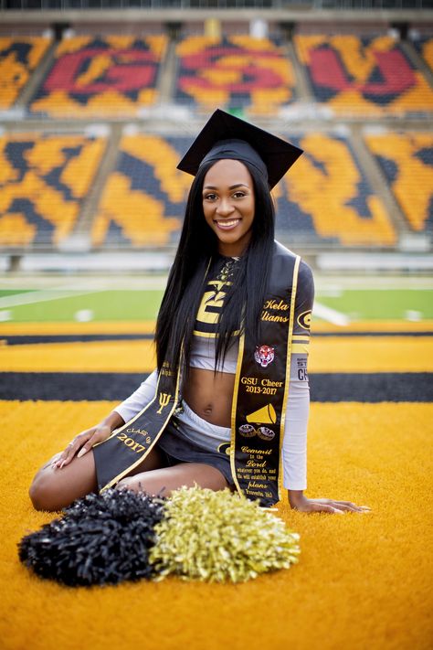 College Cheer Graduation Pictures, Graduation Cheer Pictures, College Athlete Graduation Pictures, Sport Graduation Pictures, Cheerleader Graduation Pictures, Athlete Graduation Pictures, Senior Photoshoot Ideas Cheer, Cheer Graduation Pictures, Grambling State University