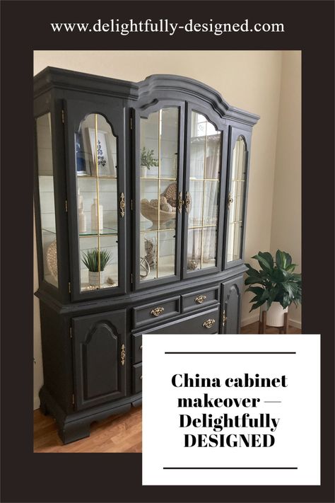 Chalk Paint China Cabinet, Diy China Cabinet Makeover, Paint China Cabinet, Painted China Cabinet Ideas, Diy China Cabinet, Using Peel And Stick Wallpaper, Refinished China Cabinet, China Cabinet Painted, Basement Refresh