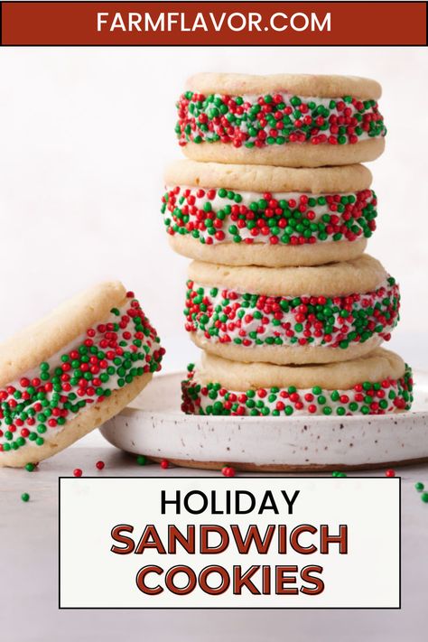 Holiday Sandwich Cookies Christmas Cookies Sandwich, Cookie Sandwiches Recipes, Santa’s Christmas Cookies, Christmas Sandwich Cookies Recipes, Cream Filled Cookie Sandwich, Sugar Cookie Recipe Sprinkles, Sugar Cookie Sandwich Cookies, Christmas Cookie Sandwiches, Buttercream Cookie Sandwich