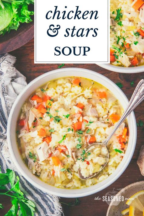 Chicken Noodle Soup With Stars, Homemade Chicken And Stars Soup, Chicken Star Noodle Soup, Chicken And Stars Soup, Chicken Noodle Soup Easy, Roasted Butternut Squash Soup, Star Food, Low Sodium Chicken Broth, Family Dinner