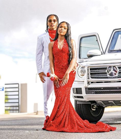 Red Prom Couple, Couple Prom Outfits, Red Prom Suit, Prom 2k24, Suit For Prom, Couple Prom, Girl Prom, Dance Uniforms, Prom Picture Poses