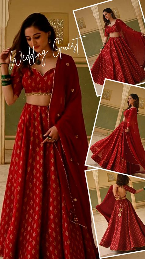 Simple bridal red lehenga for a minimalist bride or a guest Red Lehenga Wedding Guest, Red Bridesmaid Lehenga, Red Lehenga Blouse Designs, Cotton Lehenga For Diwali, Red Lehenga Simple, Trousseau Outfits, Red Ghagra, Modern Lehenga Designs, Wedding Guest Lehenga