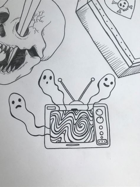 Easy And Creepy Drawings, Ghost In The Machine Tattoo, Creepy Fine Line Tattoo, Spooky Art References, Spooky Drawings Ideas, Horrorcore Tattoo, Mini Drawings Halloween, Ghost Adventures Tattoo, Spooky Ink Drawing