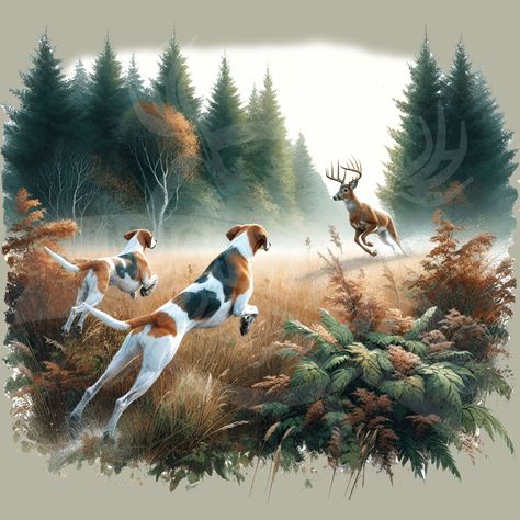 Hunting Scene, Hunting Dogs Wallpaper, Hunting Backgrounds, Hunting Dogs Official Art, Recurve Bow Hunting, Hunting Dog Painting, Deer Hunting Sublimation Designs, Elk Pictures, American Foxhound