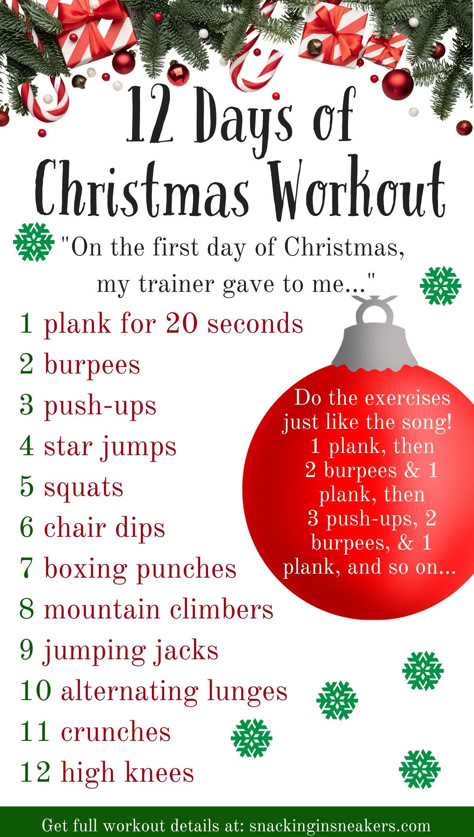 A 12 days of Christmas workout challenge, with exercises done sequentially like the popular song. Christmas Workouts, 12 Days Of Christmas Workout, Themed Workouts, Workout With No Equipment, Work Workouts, Exercise Challenge, 12 Days Of Xmas, Christmas Workout, Holiday Workout