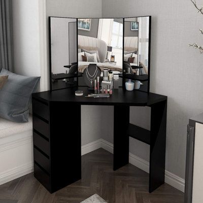 Beautiful and elegant: Tri-fold mirror dresser has a unique design style. White elegance matches most decorations. This is a beautiful view of your bedroom. Colour: Black Makeup Desks, Corner Vanity Table, Black Vanity Desk, Corner Makeup Vanity, Corner Dressing Table, Makeup Vanity With Drawers, Bedroom Vanity Table, Vanity Inspo, White Vanity Table