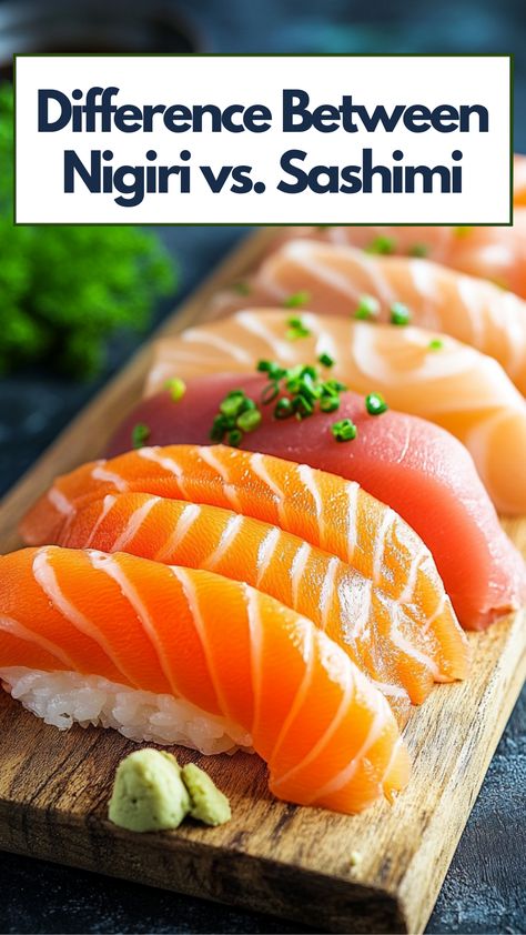 An image displaying fresh nigiri and sashimi on a wooden serving board, highlighting the distinct differences between these two Japanese dishes. Sushi Guide, Sashimi Recipe, Raw Sushi, Sashimi Platter, Sushi Ingredients, Sashimi Sushi, Salmon Sashimi, Sushi Sushi, Nigiri Sushi